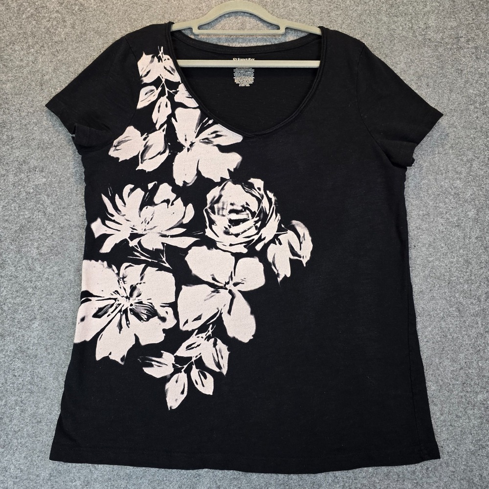 St. John's Bay Blouse Top Womens Large Black White Floral Graphic Cotton Casual
